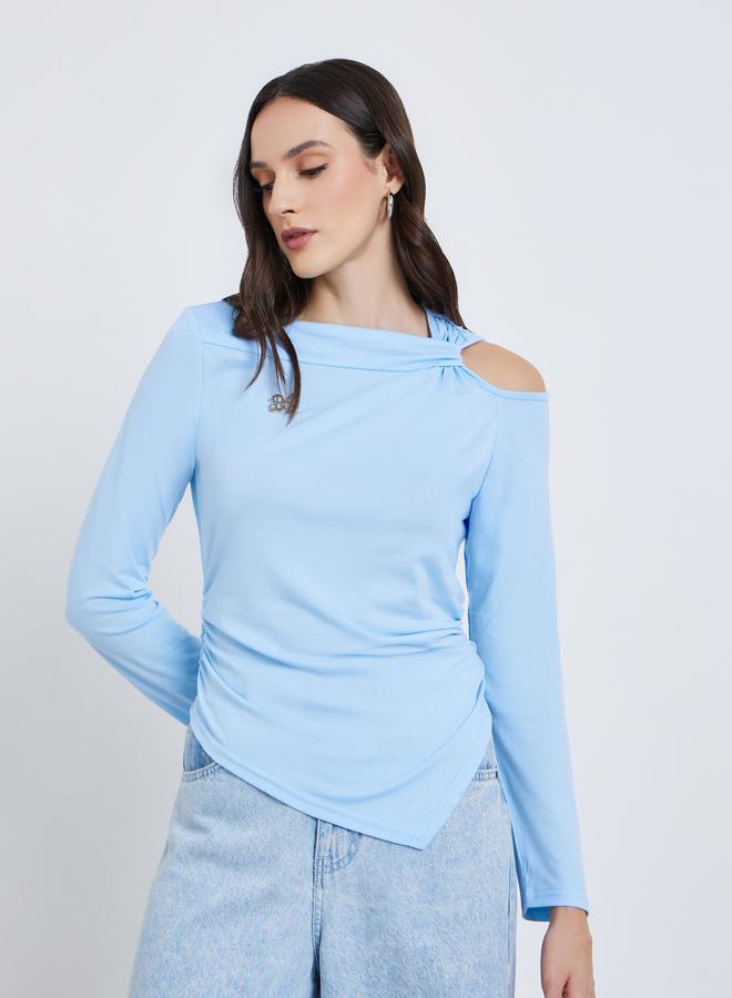 Styli Women Blue Asymmetric Hem Long Sleeve Top - Image 1